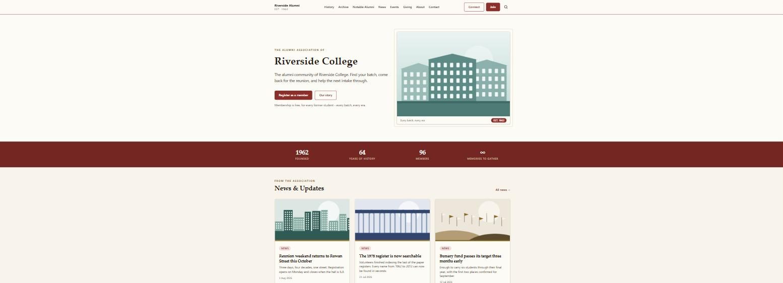 The AlumDeck front end running as a college alumni association, showing the hero, member count and latest news