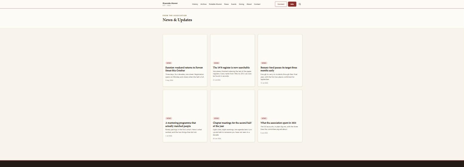 The AlumDeck news index showing six published articles with cover images and dates